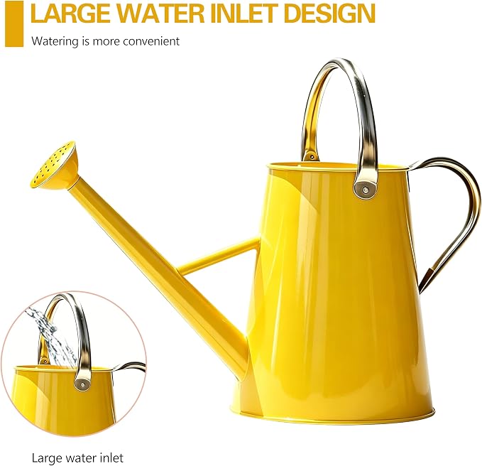 Metal Watering Can with Stainless Steel Handle for Outdoor and Indoor Plants, Watering Can Decor, 1.5 Gallon (Yellow)
