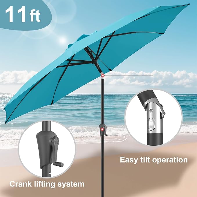 FLAME&SHADE 11 ft Patio Umbrella - Table Umbrella Outdoor with Push Button Tilt and Crank, UV Protection, 8 Sturdy Ribs, Market Umbrella for Garden, Deck, Backyard, Lawn, Pool and Beach(Aquablue)