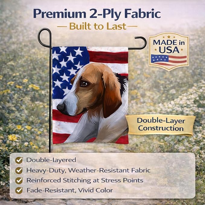 Caroline's Treasures CK6650GF Poitevin Dog American Flag Garden Flag Mailbox Flag Decorative Yard Flag Banner Outside Patio Artwork Yard Flower Beds, Garden Size, Multicolor