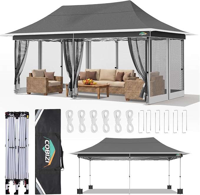 COBIZI 12x20 Pop up Canopy Tent - Gazebo, Party Tents for Parties, Carpas para Fiestas, Large Outdoor Popup Patio Screened Gazebos, Shelter Tents with Net for Backyard, Commercial,Darkgrey