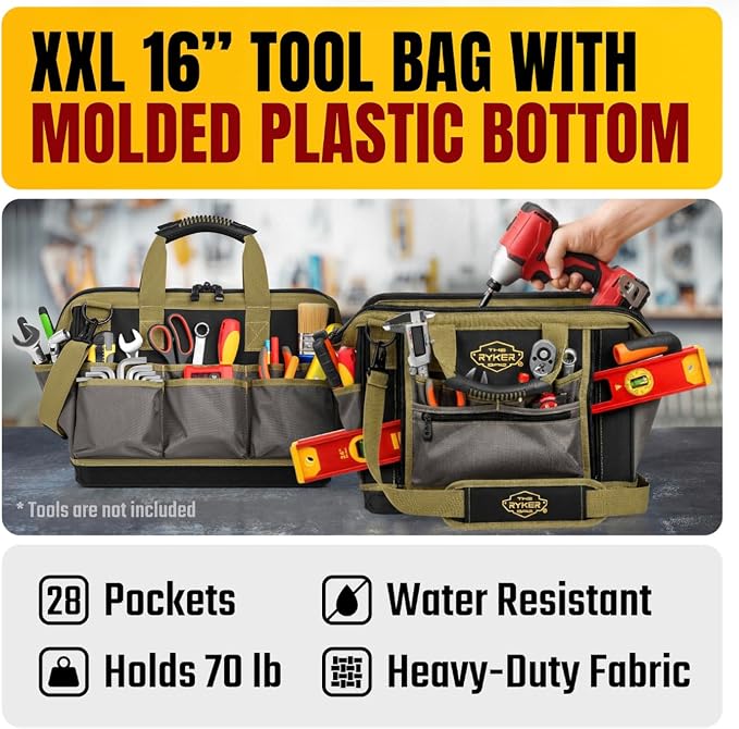 The Ryker Bag 16-inch Large Heavy Duty Wide Mouth Tool-Bag Organizer with Maximum Storage, Portable Utility Bag for Tools, Gift for Dads, Contractors, Mechanics, Technicians, Handyman & Welders