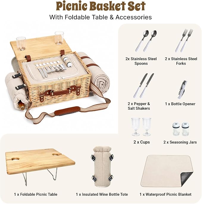 Hap Tim Multifunctional Wicker Picnic Basket Set for 2 with Picnic Table & Blankets, Gifts for Couple, Engagement, Wedding, Bridal Shower, Family, White Elephant(Y2604)