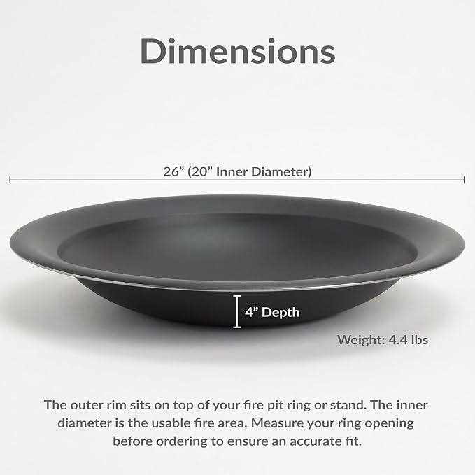 Sunnydaze Round Steel Outdoor Fire Pit Bowl Replacement Insert for DIY Ring or Existing Stand - Wood-Burning Backyard Patio Firepit for Outside - 26" Outer / 20" Inner Diameter - Black