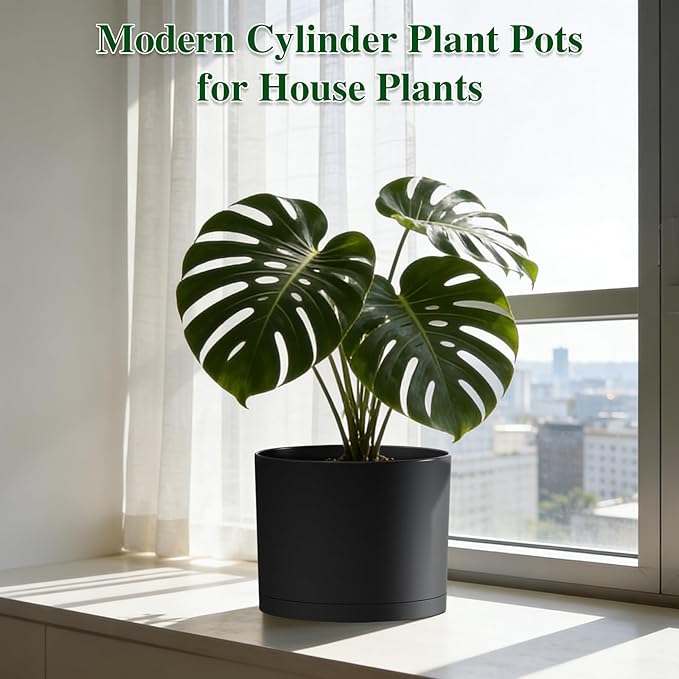Plant Pots, 10/9/8 Inch 3 Pack Cylindrical Flower Pots with Drainage Holes and Saucers, Plastic Planters for Outdoor Indoor Plants,Black