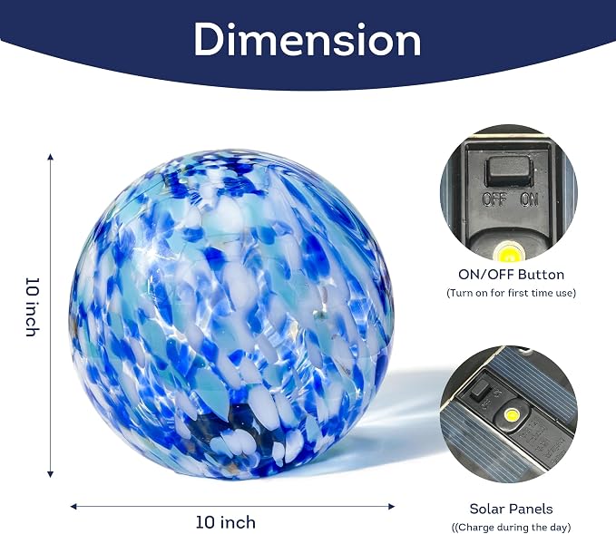 Lily's Home Gazing Ball - 10" Glass Globe with Solar Powered Lights - Outdoor Solar Lights for Yard & Patio - Garden Decor - Automatic On/Off Photosensitive Switch - Blue