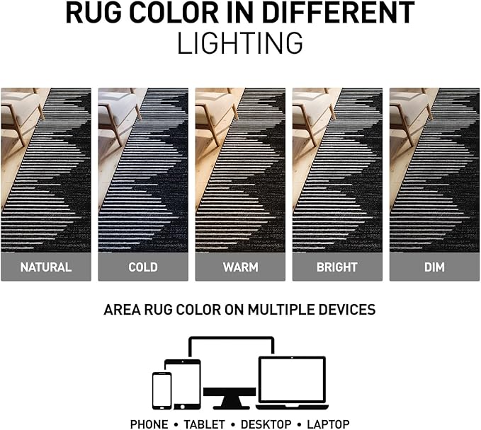 Rugshop Bohemian Stripe Stain Resistant Area Rug Black 6'6" x 9' | High Traffic, Rectangular, Size 6'6" x 9', Living Room, Bedroom, Dining Room, Home Office, Kitchen, Entryway, Hallway