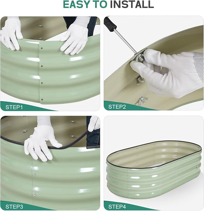 Galvanized Raised Garden Bed - 4×2×1ft (2 Packs) Planter Raised Beds for Gardening | Oval Metal Garden Planter Box with Safety Edging and Gloves for Vegetables Fruits Flower - AvocadoGreen