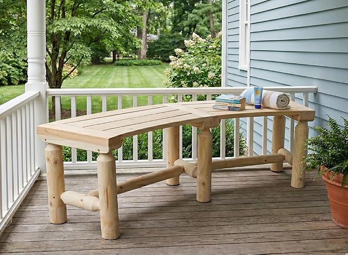 FORTUNO Outdoor Wooden Curved Backless Porch Bench Rustic Style Cedar/Fir Wood Log Fire Pit Bench for Patio Garden Deck and Backyard, 40"-54" W×13" D×16.5" H, Natural