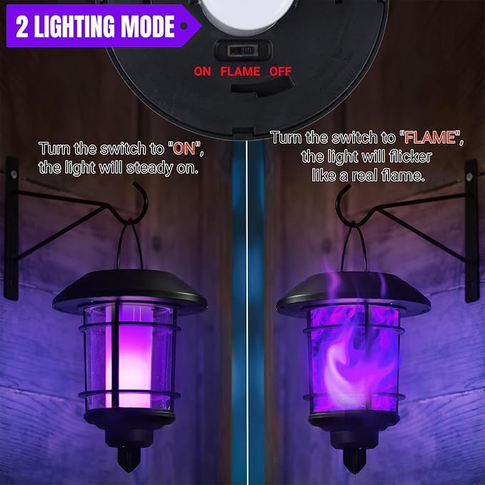 Dynaming Solar Purple Flame Wall Lanterns, Outdoor Halloween Hanging Lights, Flickering Flame LED Auto On/Off Wall Mounted Sconce Lights with Hooks, Waterproof for Garage Stair Patio Porch, 2 Pack