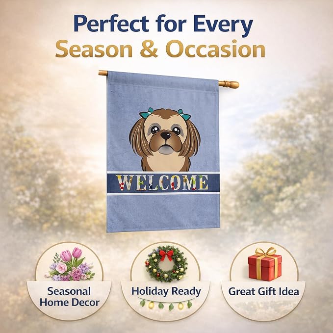 Caroline's Treasures BB1435CHF Chocolate Brown Shih Tzu Welcome House Flag, Blue Large Porch Sleeve Pole Decorative Outside Yard Banner Artwork Wall Hanging, Polyester, House Size, Multicolor