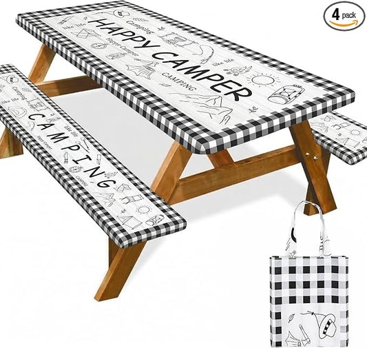 Picnic Table Cover with Bench Covers Elastic Edges Outdoor Camping Essentials 4 Pcs Plaid Waterproof Oil-Proof Tablecloth with Handbag for RV Accessories Farmhouse Camping Rustic Party Decor 72 IN