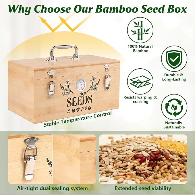 Seed Storage Organizer Box with Built-in Hygrometer, Natural Bamboo Seed Saving Box with Seal Design Lid, Safety Lock & Solid Handles, Extra Seed Envelopes and Labels – Great Gift for Gardeners (Wood)