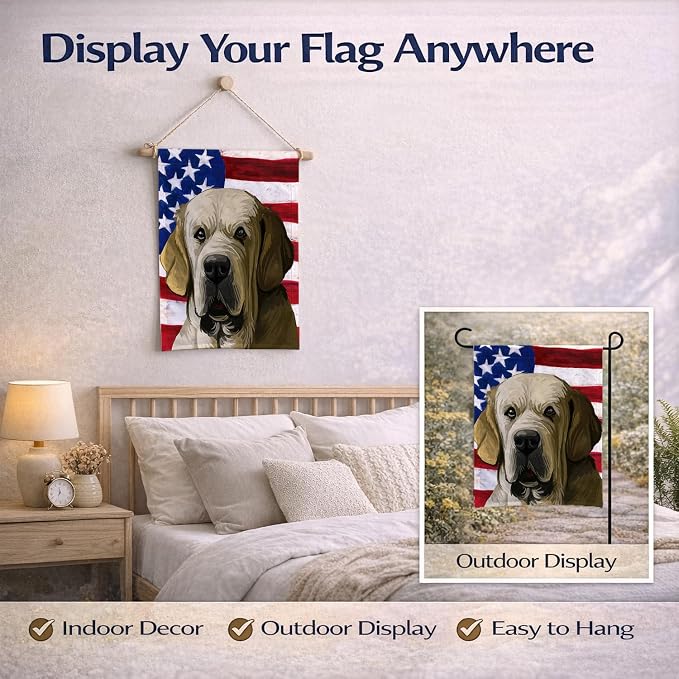 Caroline's Treasures CK6718GF Spanish Mastiff Dog American Flag Garden Flag Mailbox Flag Decorative Yard Flag Banner Outside Patio Artwork Yard Flower Beds, Garden Size, Multicolor