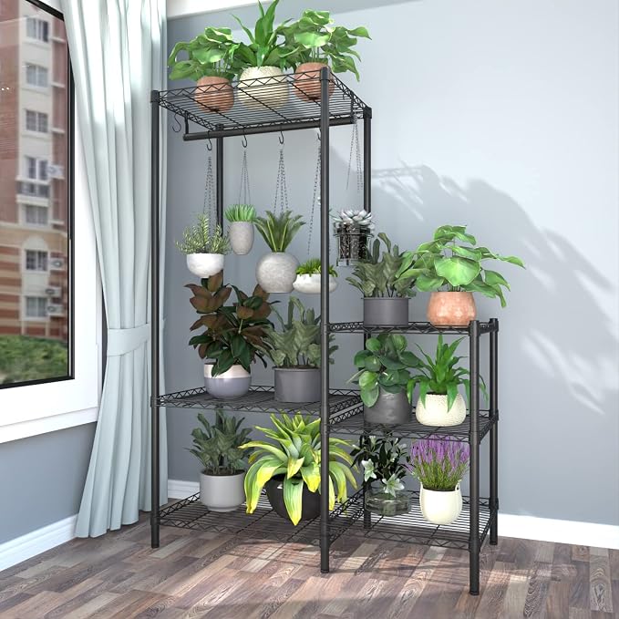 Xiofio 6-Tier Plant Stand for Indoor Outdoor,Metal Plant Shelf,Adjustable Plant Stand Suitable for Bedroom Living Room Balcony Garden,Black
