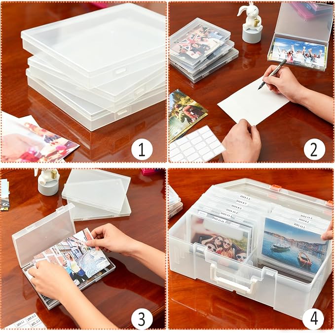 NINU Photo Storage Box with Handle, 5" x 7" Photo Organizer Storage Container with 18 Inner Case and 1 Sheet Blank Labels for Pictures, Arts, Crafts, Sewing, Seeds, Office Supplies (Clear)