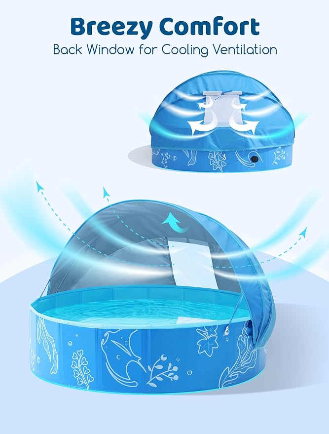Hikiddy Foldable Kiddie Pool with Canopy, 47in, Blue-Blue | Summer Water Play Pool with Removable Shade - for Baby Toddler Kids Pets - Portable for Outdoor Backyard Beach