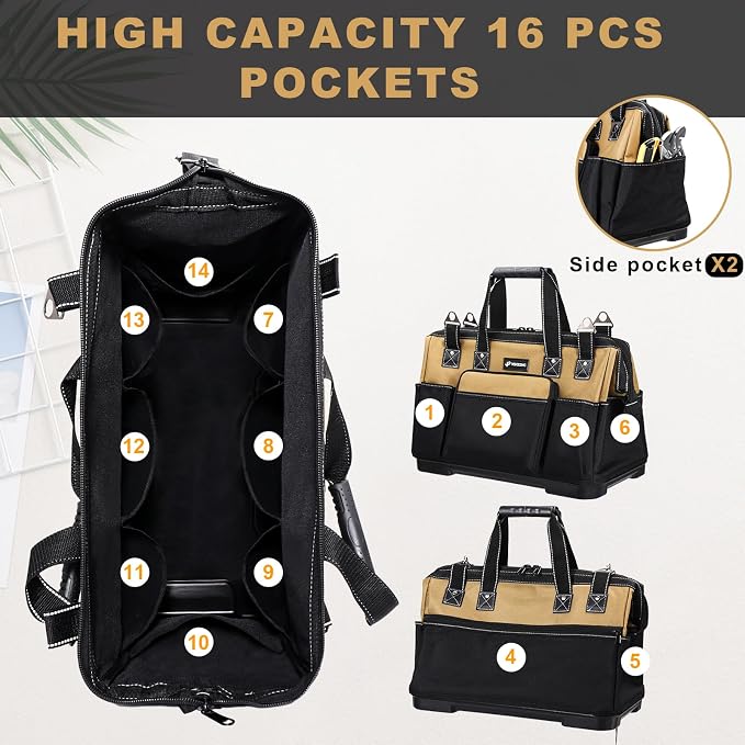 20 IN Large Tool Bag For Men Heavy Duty, Drill Bag Tool Bag Organizer, Wide Mouth Waterproof Hard Bottom Multiple Pockets Tool Tote, Tool Caddy, Maintenance
