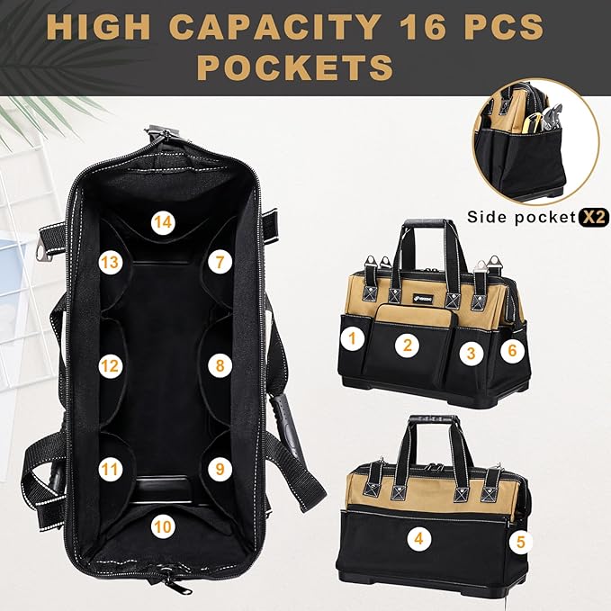 17 IN Large Tool Bag For Men Heavy Duty, Drill Bag Tool Bag Organizer, Wide Mouth Waterproof Hard Bottom Multiple Pockets Tool Tote, Tool Caddy, Maintenance
