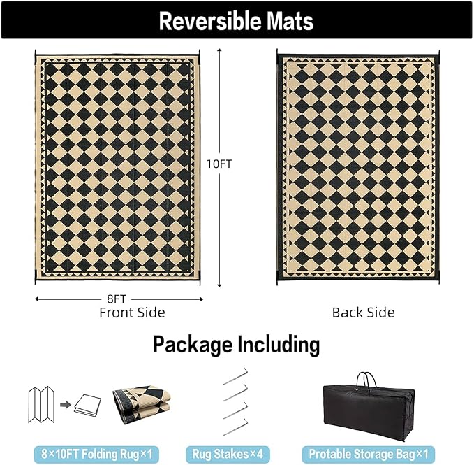 HUGEAR Outdoor Rug for Patios Clearance,Waterproof Mat,Large Outside Carpet,Reversible Plastic Straw Camping Rugs,Rv,Porch,Deck,Camper,Balcony,Backyard (8x10,Checkered/Black&Beige)