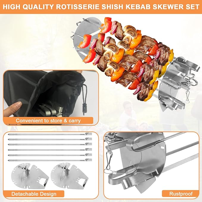 Grill Rotisserie Accessories for Weber Crafted Rotisserie Skewers, Shish Kebab Skewer Set w/Carry Bag for Weber Genesis,Spirit,Summit Gas Grill, 7675 Rotisserie Skewer for Most Grills,Stainless Steel