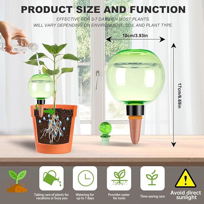 4 Pack Self Watering Globes 17oz Large Plant Watering Globes Top Fill, Self Water Planter Insert Indoor/Outdoor Plastic Water Bulbs Slow Release Terracotta for Plants, Green