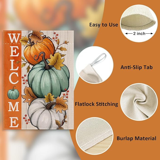 Welcome Fall Pumpkins Decorative House Flag, Autumn White Teal Pumpkin Farmhouse Garden Yard Outside Decorations, Thanksgiving Seasonal Burlap Outdoor Large Home Decor Double Sided 28 x 40