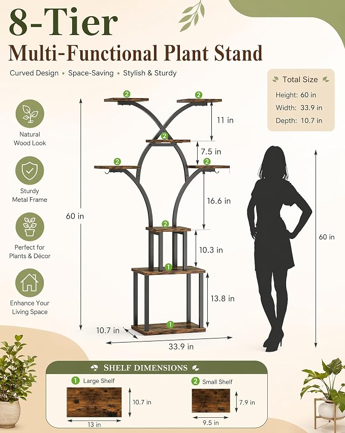 Elbourn 8 Tiered 60" Tall Plant Stand Indoor Shelf with Grow Lights (Brown) | Corner Shelf Decor