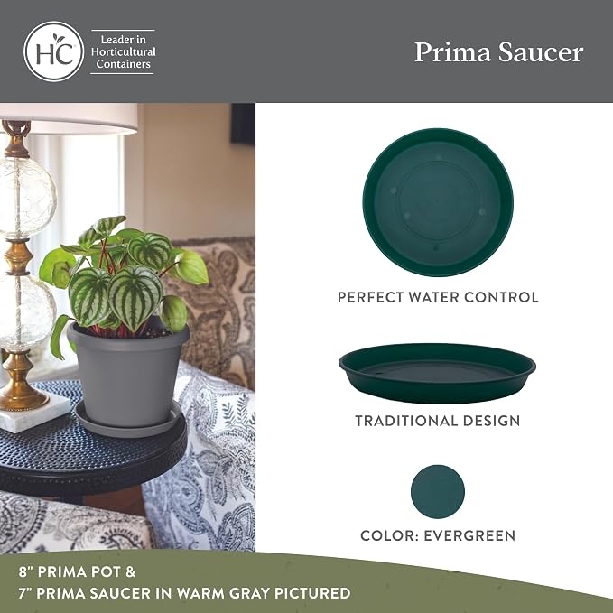 The HC Companies Round Prima Flower Pot Saucers - Plastic Plant Saucer for Outdoors & Indoors - Traditional Plant Pot Trays for Water Drainage -Durable Plant Tray (8.5-inch Evergreen, Pack of 4)