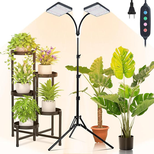 2Head Grow Light with Stand, 50 Watt Grow Lights for Indoor Plants, Natural Sunlight Full Spectrum Plant Growing Lamps for Tall Houseplants & Bonsai Tree, 4/8/12/16/20H 5-Mode Timer