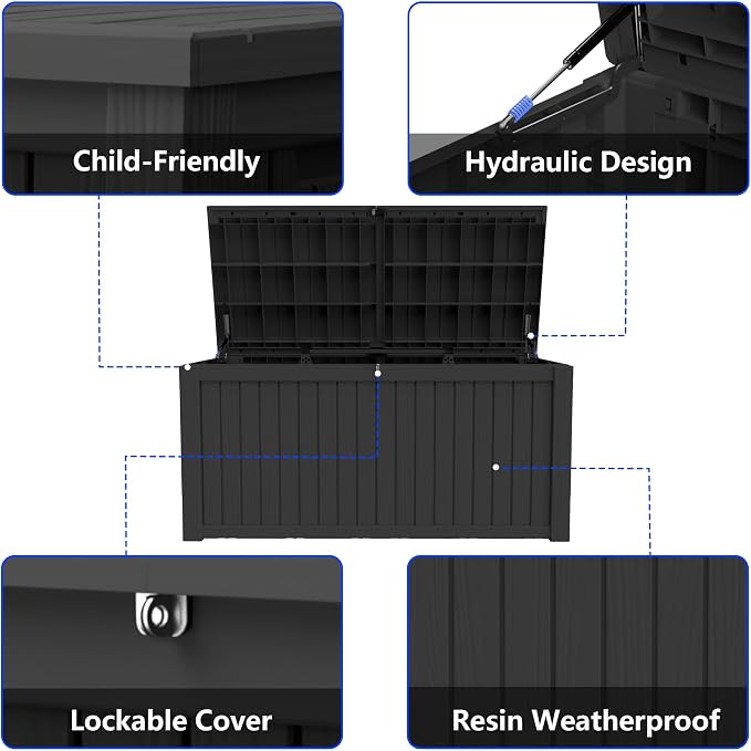 180 Gallon Outdoor Storage Box Resin Deck Box All Weather Waterproof Large Lockable Storage Container Deck Box for Patio Furniture, Garden Tools, Lockable, Black