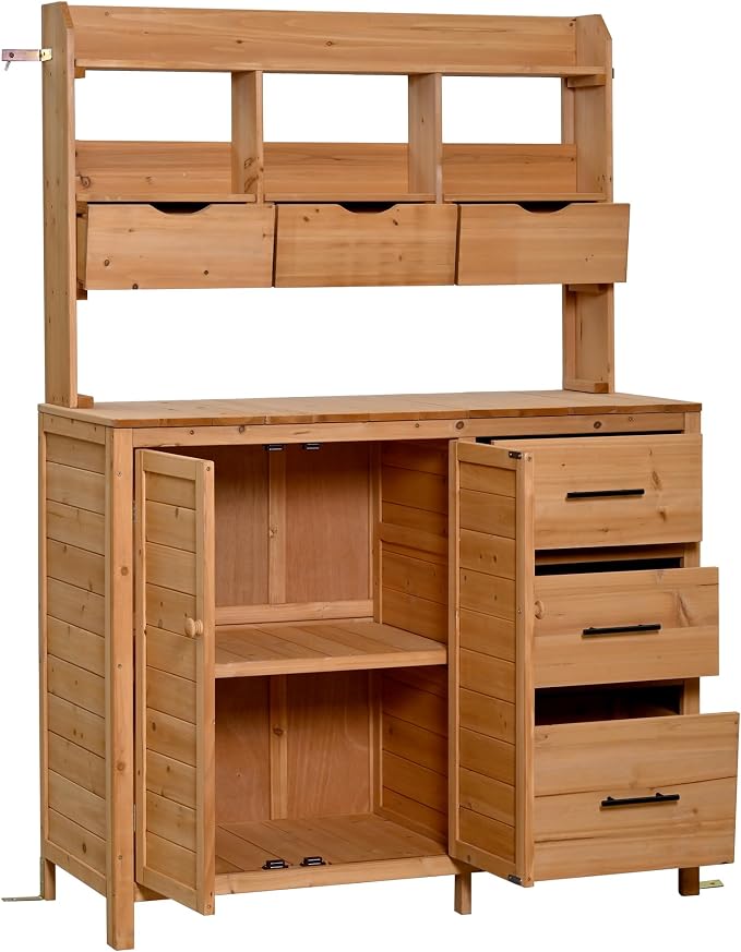 Merax Farmhouse Potting Bench with 6 Drawers, 44.6” Large Garden Workstation, Outdoor Kitchen Island with Bottom Cabinet & Hooks, Freestanding Patio Furniture,Natural Wood
