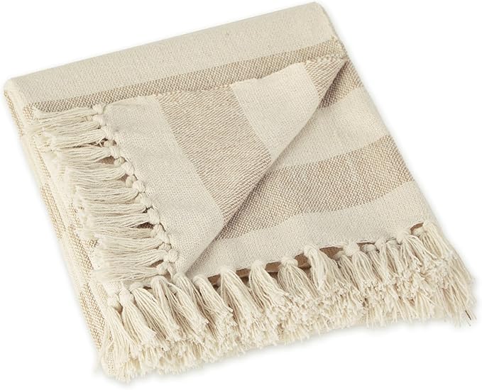 DII Rustic Farmhouse Cotton Cabana Striped Blanket Throw with Fringe, 50 x 60 - Cabana Striped Stone