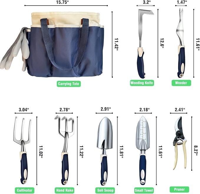Gardening Tool Set, 10-Piece Heavy-Duty Aluminum Garden Tools with Non-Slip Handles and Large Tool Bag with Storage Pockets, Durable Hand Gardening Tools - Perfect Gardening Gift for Men and Wome