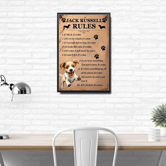 Metal Sign Tin Sign Vintage Wall Art Jack Russell Rules Metal Sign for Club 6×8 Inches with Metal Frame