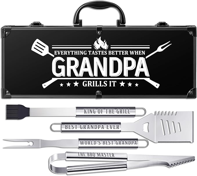 Grandpa Gifts from Grandkids, Grilling Accessories, Heavy Duty Stainless Steel BBQ Grill Tools for Outdoor Grill with Aluminum Case, Grandpa Grill Utensils Ideal Fathers Day Grilling Gift