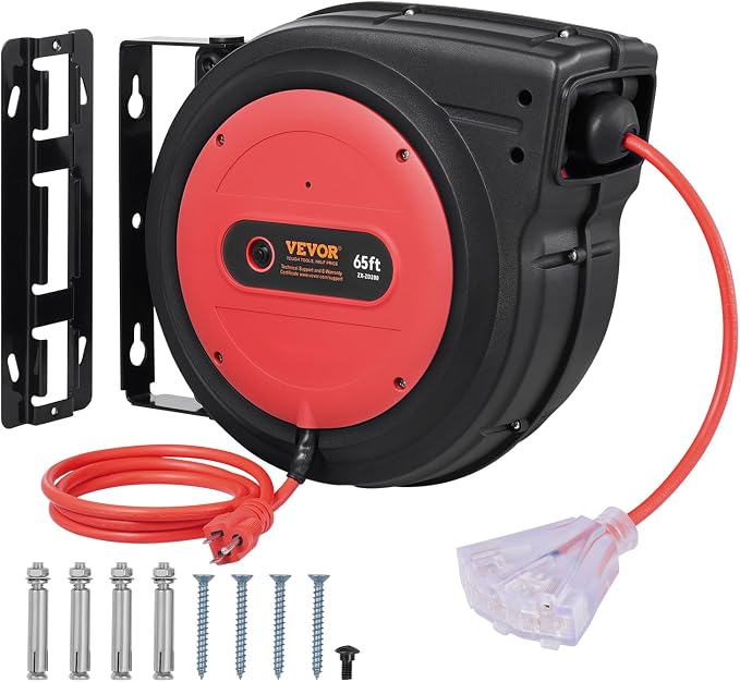 VEVOR Retractable Extension Cord Reel, 65 FT, Heavy Duty 12AWG/3C SJTOW Retractable Power Cord with Lighted Triple Tap Outlet, 15 Amp Circuit Breaker 180° Swivel Bracket for Ceiling or Wall Mount