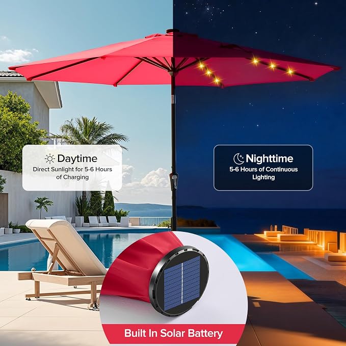 NEWBULIG 10ft Solar Patio Umbrella with 32 LED Lights, Table Market Umbrella with Tilt Adjustment & Crank Lift, Outdoor Sun Umbrella for Garden, Deck, Backyard, Pool and Beach