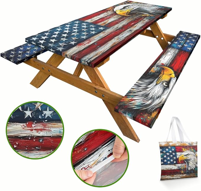 American Flag Picnic Table Cover with Bench Covers and Carrying Bag, Wood Grain USA Flag Art Eagle Outdoor Camping Essentials 6FT 4PCS Fitted Rectangle RV Must Haves Tablecloth