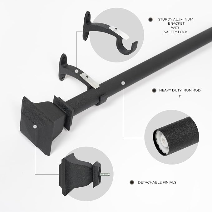 Deco Window Curtain Rods for Windows 44 – 120 Inch, 1 Inch Heavy Duty Extendable Metal Drapery Rod, Adjustable Curtain Rod with Decorative Quatro Finials for Living Room Bedroom, Dark Stone