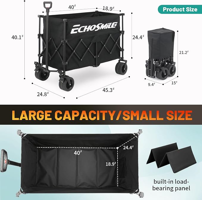 EchoSmile Collapsible Foldable Extended Wagon with 500Lbs Weight Capacity, 300L Folding Utility Wagon Cart with Big All-Terrain Wheels for Beach,Sport,Garden&Grocery (Black)