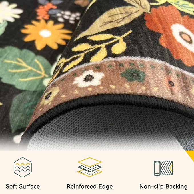 RELEANY Floral Washable 3x5 Area Rugs Black/Yellow | Flower Carpet, Print, Boho, Non-Slip, Easy to Clean, Soft, Low Pile for Living Room Bedroom Kitchen Office Entryway Hallway