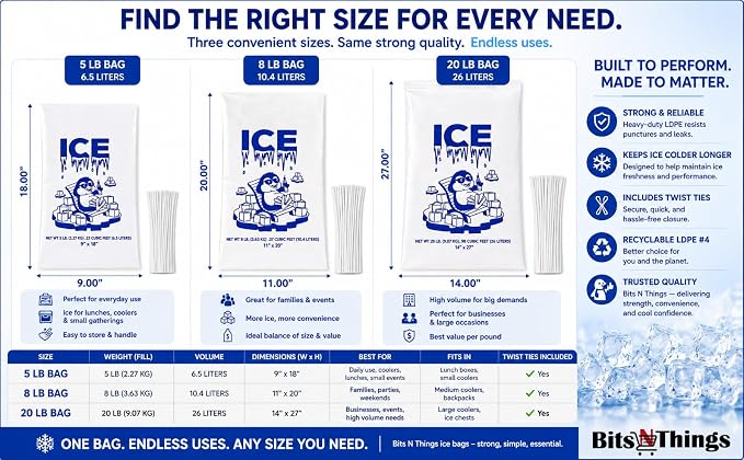 Ice Bag 5 lb 9" x 18" 500 Count | Twist Ties Included | Heavy Duty Storage Bags | Retail Sales, Parties, Camping & Food Cooling | LDPE Plastic Bags | Bits N Things