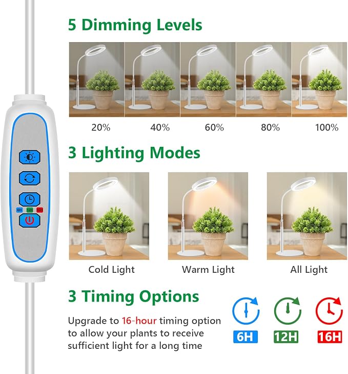 Aumtrly Grow Lights for Indoor Plants, 80 LED Full Spectrum Desk Plant Light for Growing Small Plant, Height Adjustable 24.5" Halo Grow Lamp with Base, 6/12/16H Timer, 3 Light Modes, 5 Dimming