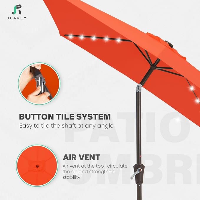 JEAREY 6.5x10 ft Rectangular LED Lighted Patio Umbrellas Outdoor Solar Table Market Umbrella w/Push Button Tilt/Crank, 6 Sturdy Ribs, UV Protection Waterproof Sunproof(Orange)