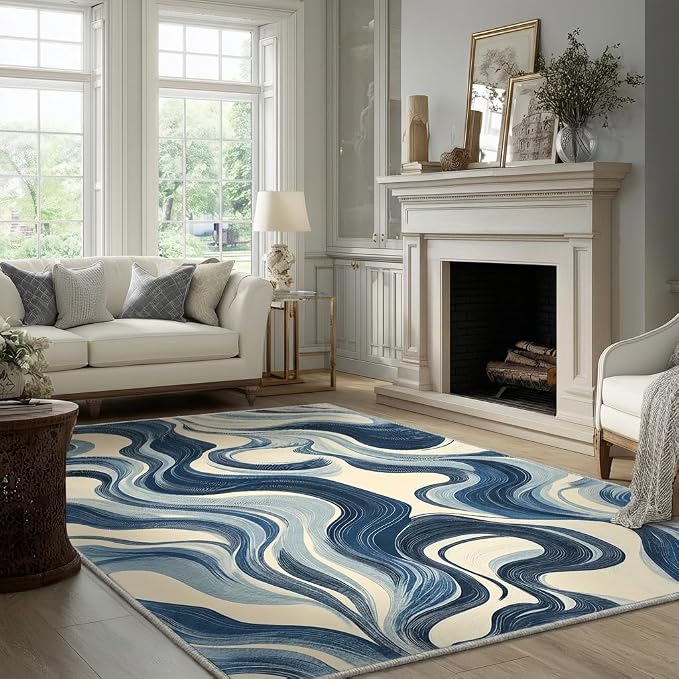 Blue and White Wave Area Rug 5x7 Modern Wavy Stripes Rugs for Living Room