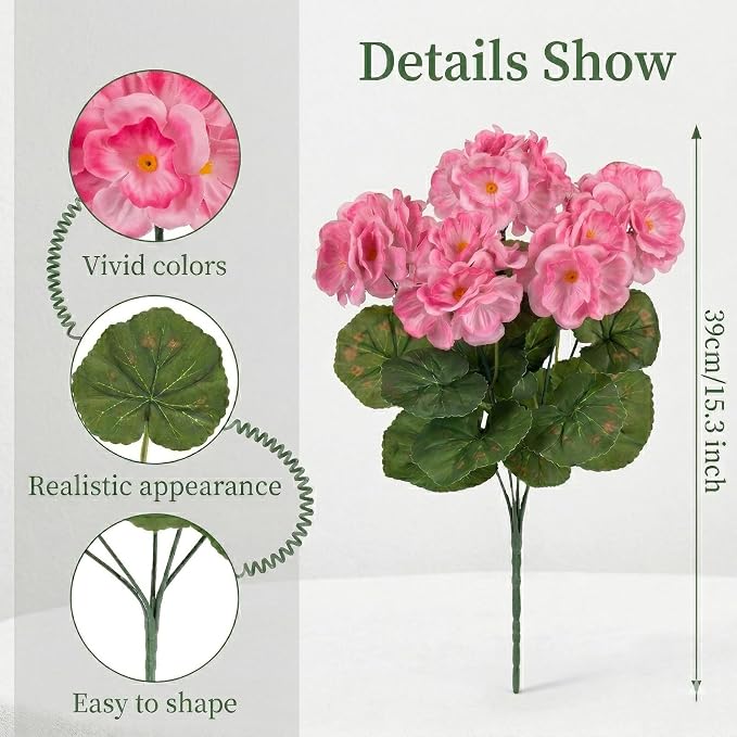 12 Pcs Artificial Geranium Flowers for Outdoor, UV Resistant Geraniums Artificial Flowers Realistic Faux Flowers Outdoor for Planters Outside Porch Garden Decor (15.3", Pink)