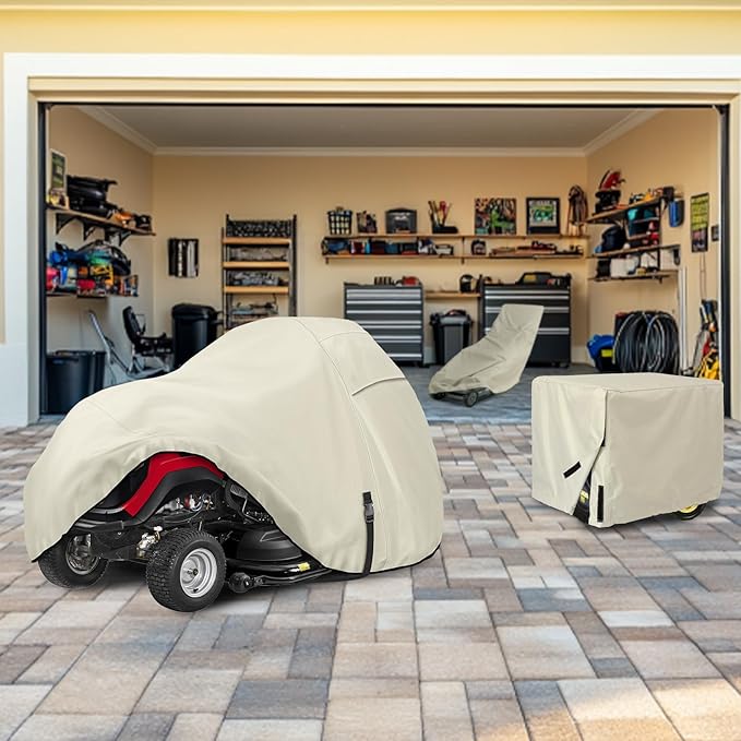 Porch Shield Heavy Duty 600D Polyester Lawn Tractor Cover Waterproof Universal Riding Lawn Mower Cover (Up to 62 inches Decks, Light Tan)