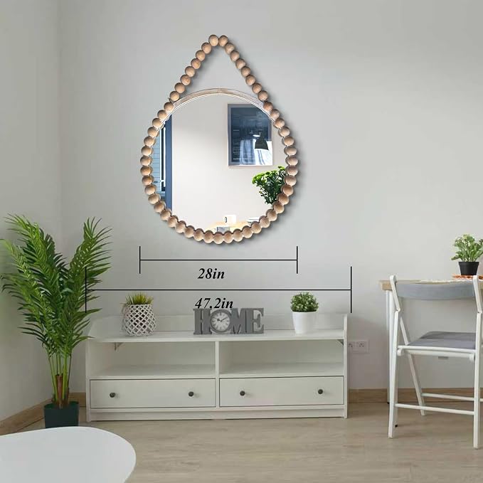 POZINO Wood Round Mirror, 28" Rustic Farmhouse Wall Hanging Mirror with Wooden Beaded Frame, Boho Circle Mirror for Entryway Bathroom Bedroom Living Room Hallway Fireplace
