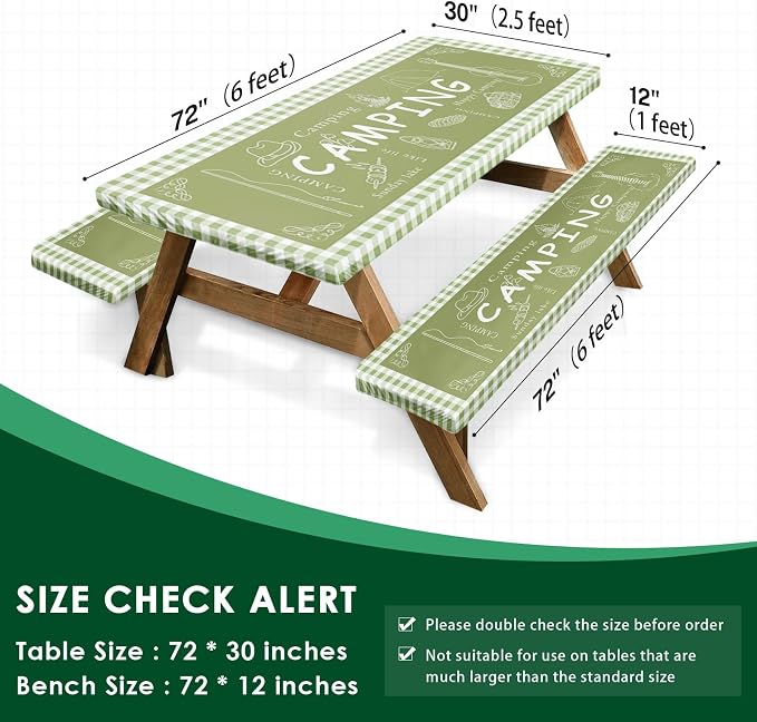 Picnic Table Cover with Bench Covers Elastic Edges, Green Camper Fitted Table Cover, Outdoor Patio Camping Essentials 72 Inch 3PCS, Waterproof Camping Fitted Tablecloth with Drawstring Bag