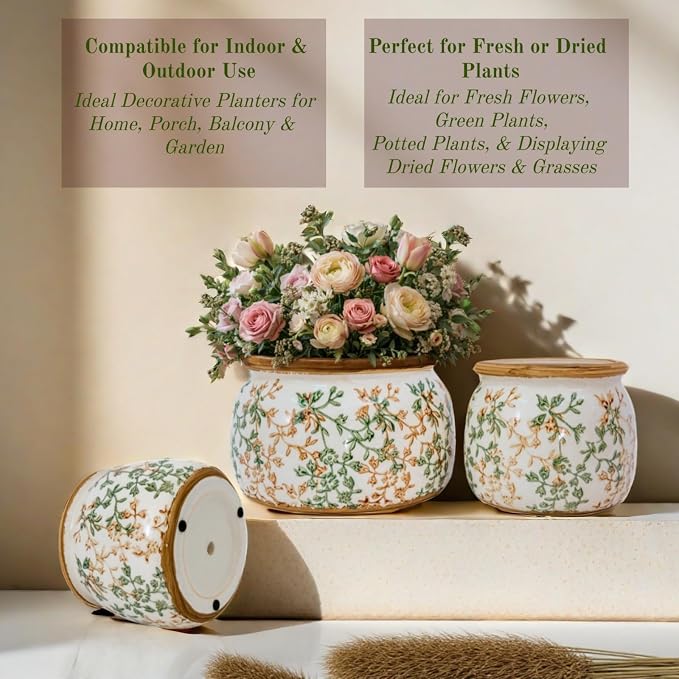 Vintage Ceramic Flower Pots - Indoor Outdoor Planters with Drainage Holes & Filter Screen, 6.5’’& 9’’ Rustic Farmhouse Decorative Plant Pots for Garden/Patio (Bicolor Vines, Small to Large Bundle)